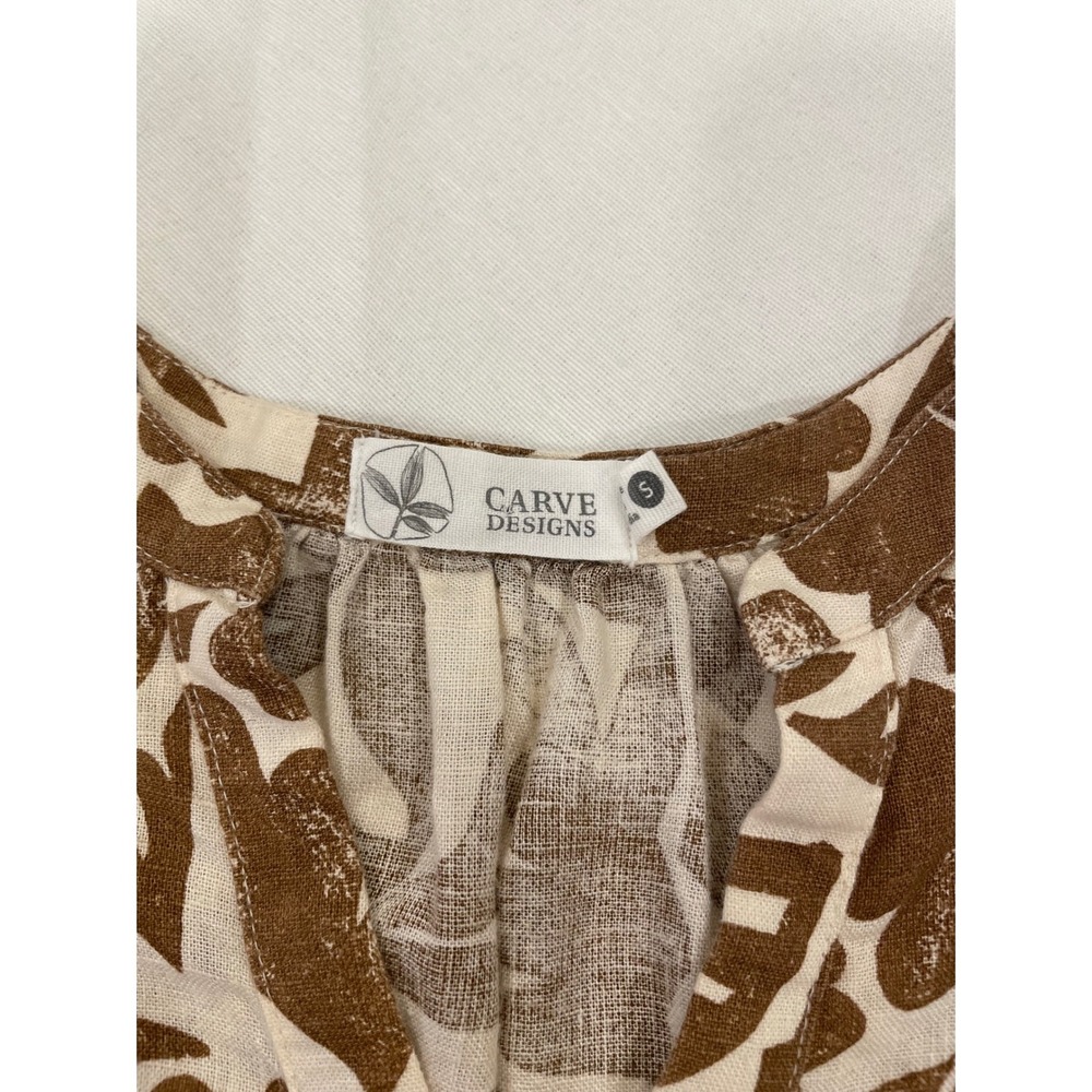 Carve Designs Nellie Linen Mini Dress Rum Brown Floral Tiered w/ Pockets S - Picture 5 of 9